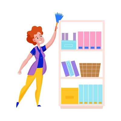 Female cleaning service worker dusting bookcase flat vector illustration