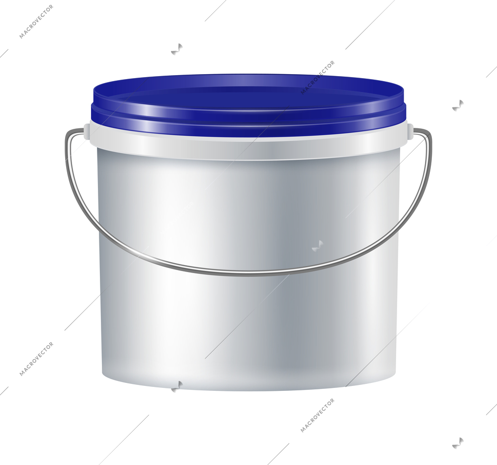 Plastic bucket with blue lid and metal handle realistic vector illustration