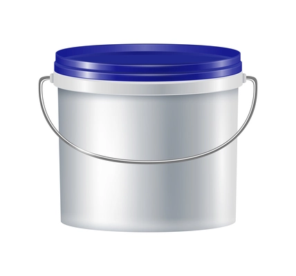 Plastic bucket with blue lid and metal handle realistic vector illustration