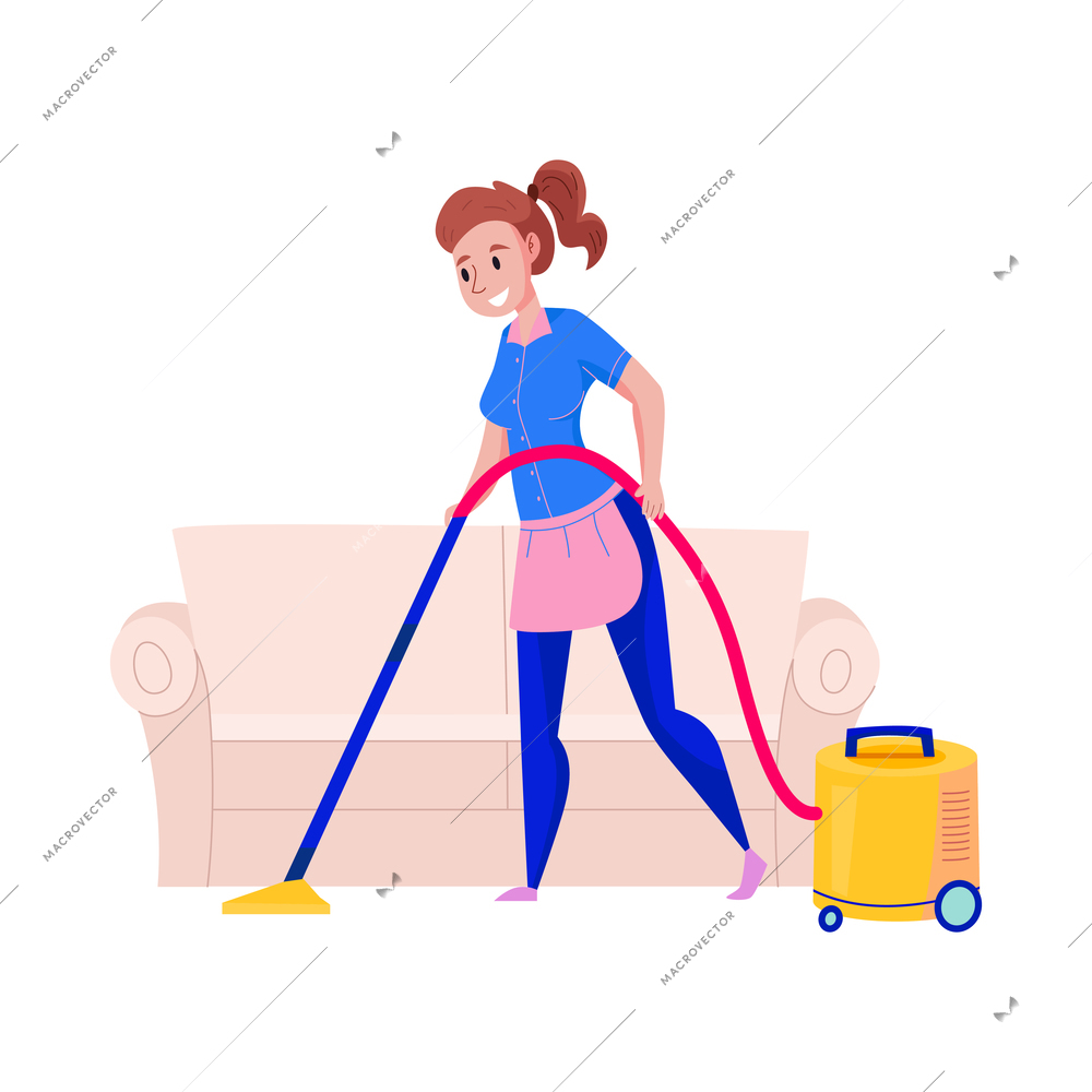 Professional cleaning service worker doing the hoovering flat vector illustration