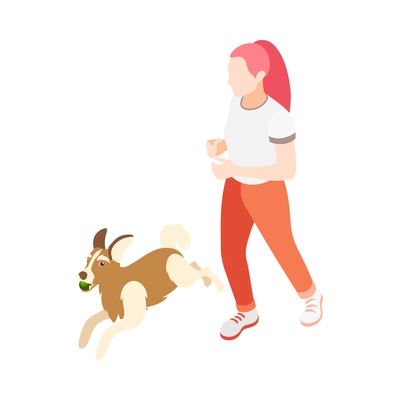 Isometric woman running and playing with her dog 3d vector illustration