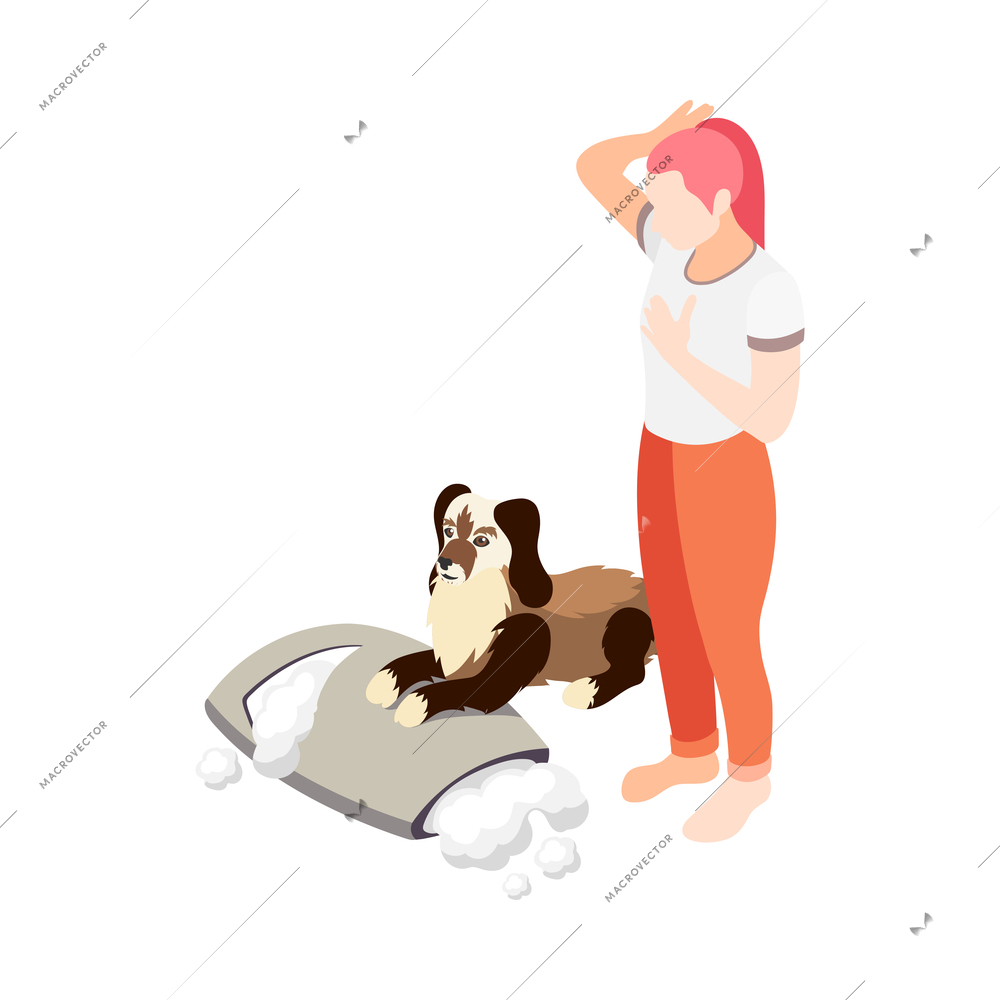 Isometric woman and her cute dog making mess at home 3d vector illustration