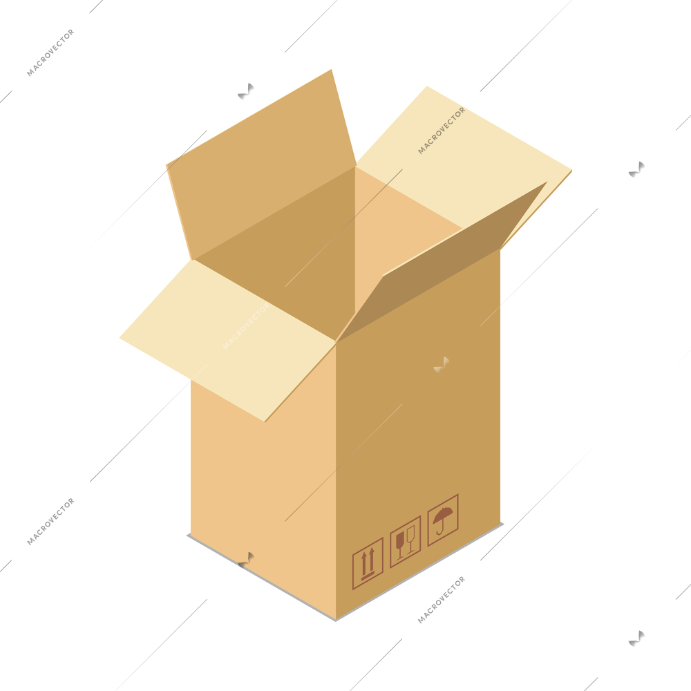 Open empty cardboard box for goods delivery 3d isometric vector illustration