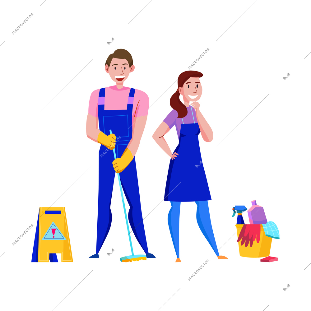 Two smiling cleaning service workers in uniform with tools for tidy up flat isolated vector illustration