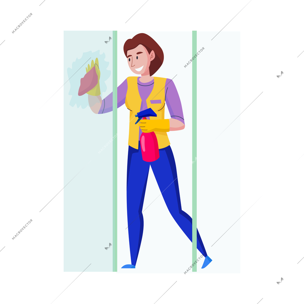 Professional cleaning service worker washing glass doors of shower unit flat vector illustration