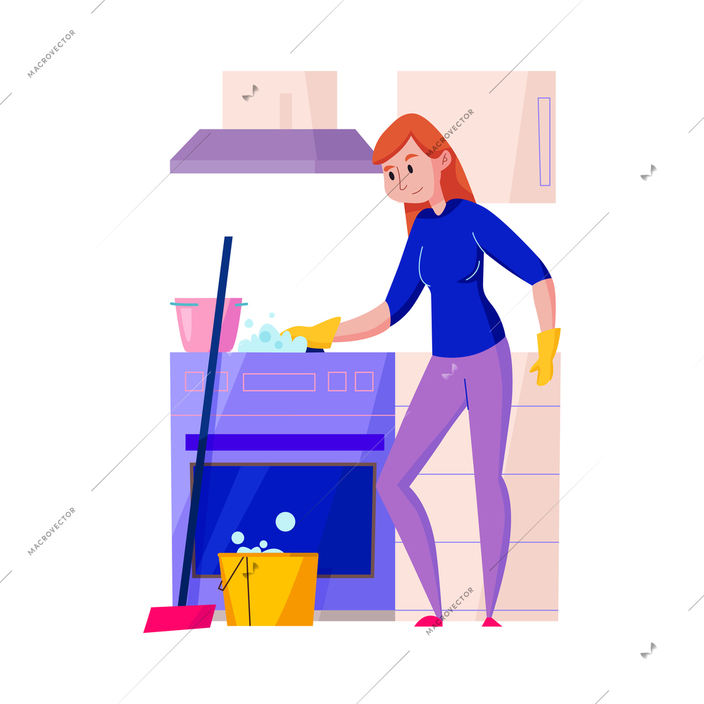 Female worker from home cleaning service washing cooker flat vector illustration
