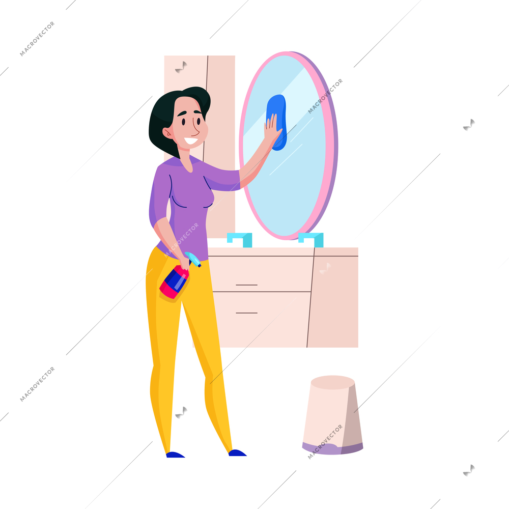 Professional cleaning service worker washing mirror in bathroom flat vector illustration