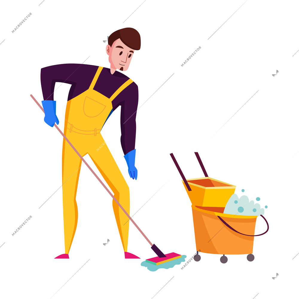 Flat cleaning service worker in uniform mopping floor vector illustration