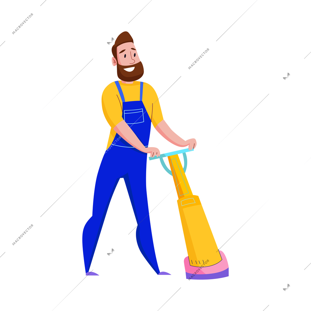 Happy cleaning service worker in uniform polishing floor flat vector illustration