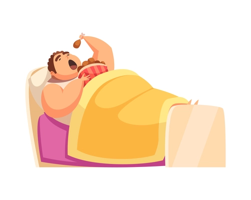 Gluttony flat concept with lazy obese man eating fried chicken in bed vector illustration