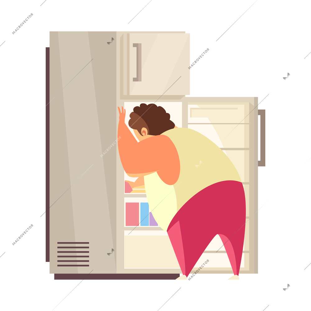 Gluttony flat concept with obese person taking food out of fridge vector illustration