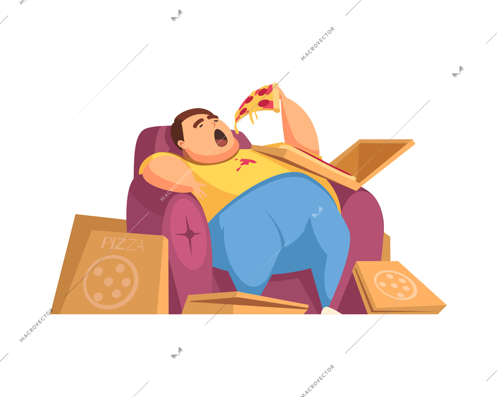 Gluttony flat concept with obese man overeating with pizza vector illustration