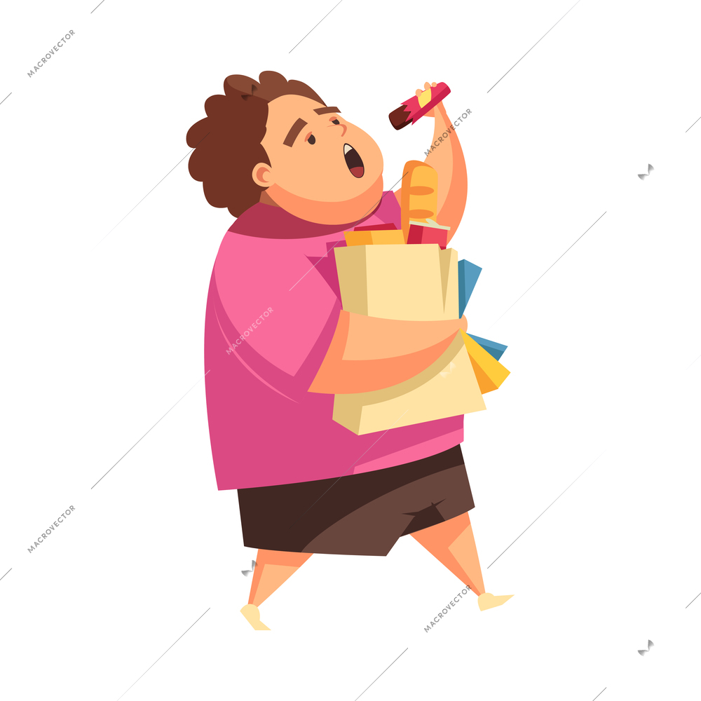 Gluttony flat concept with overweight teen going from supermarket and eating junk food vector illustration