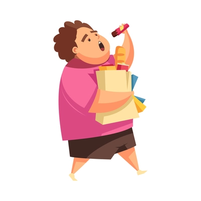 Gluttony flat concept with overweight teen going from supermarket and eating junk food vector illustration