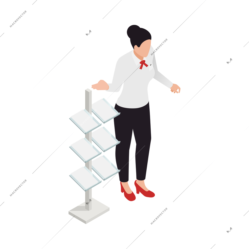 Isometric female character of promoter exhibition worker 3d vector illustration