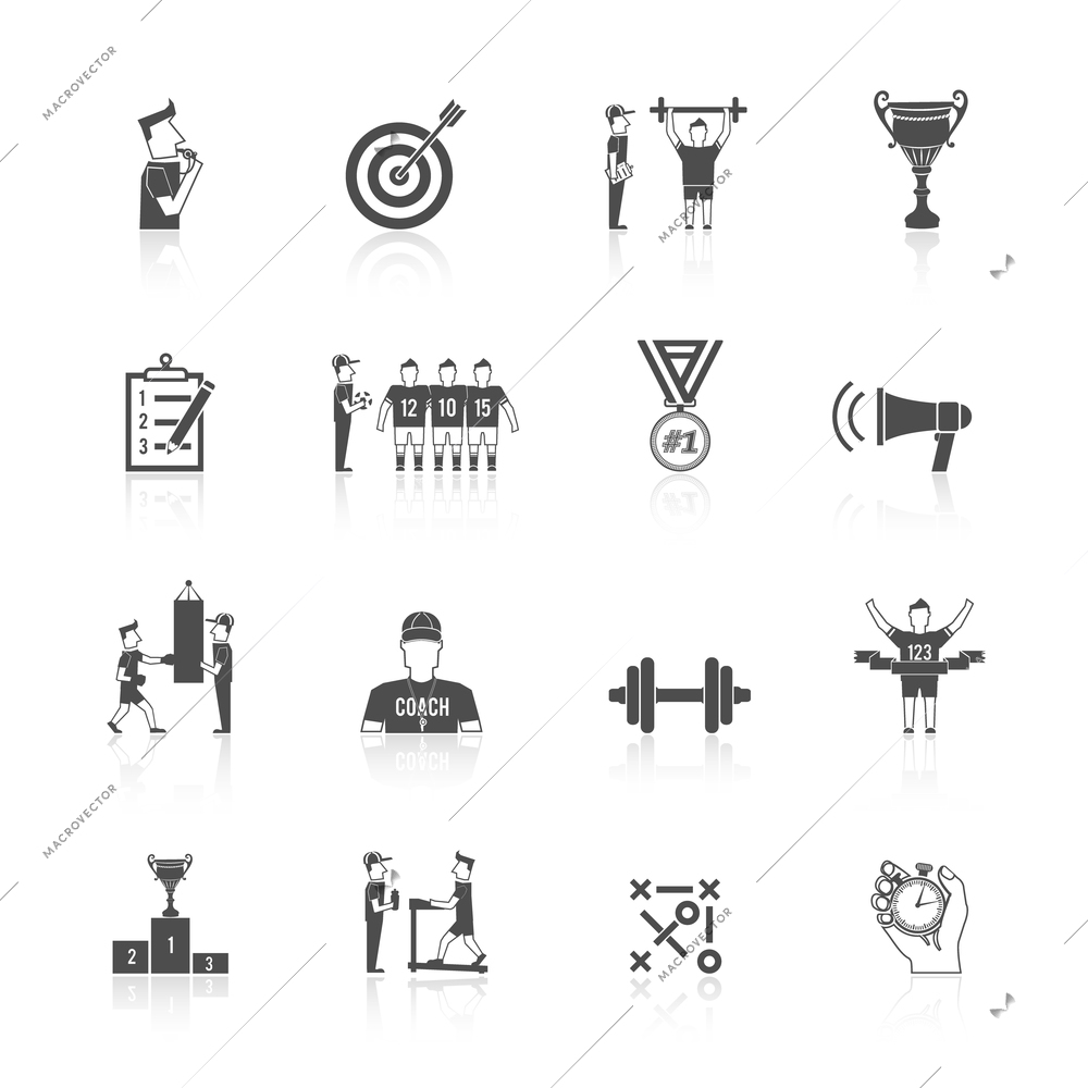 Coaching sport tournament athlete training black icon set isolated vector illustration