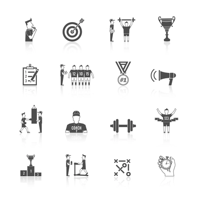 Coaching sport tournament athlete training black icon set isolated vector illustration