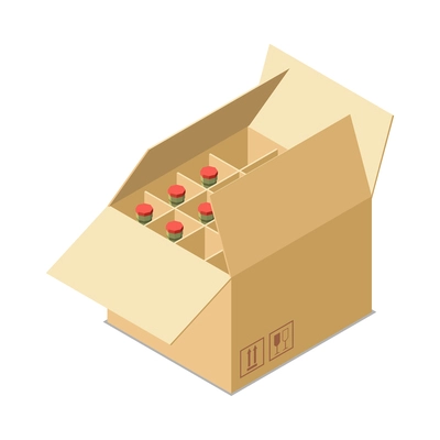 Isometric open cardboard box with bottles 3d vector illustration