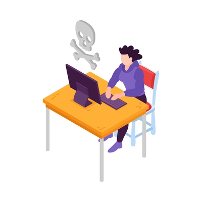 Isometric cyber crime hacking icon with skull symbol and person on computer 3d vector illustration