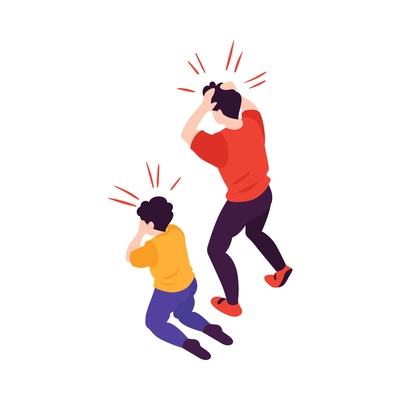 Two isometric shocked people in panic back view on white background 3d vector illustration