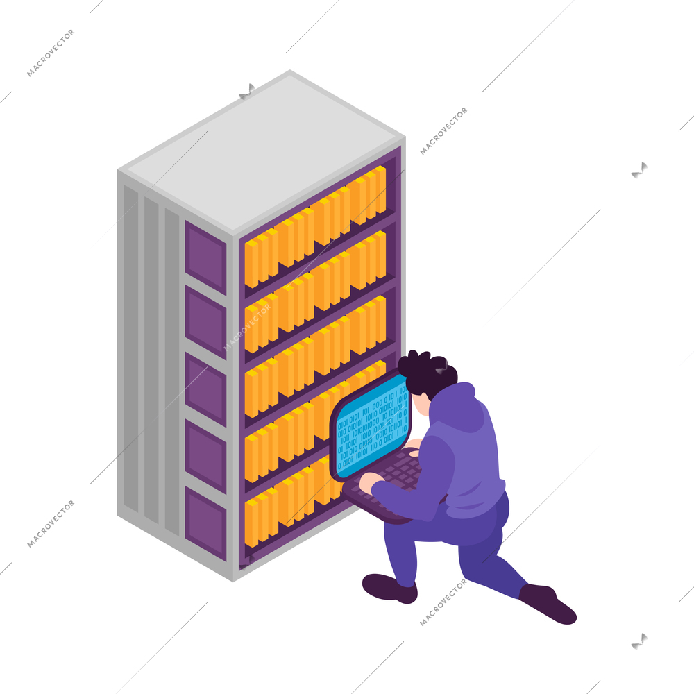 Isometric cyber crime concept with hacker working on laptop 3d vector illustration