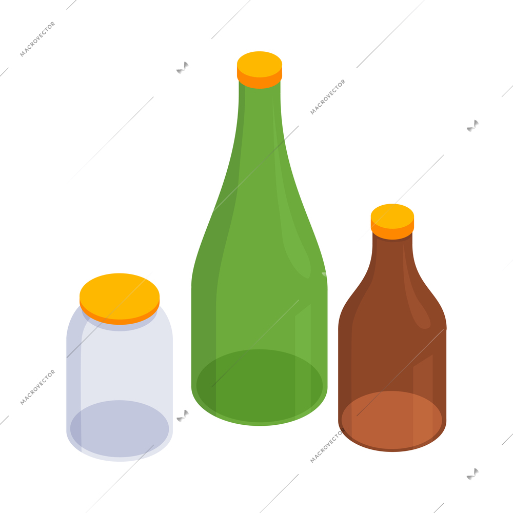 Glass waste isometric icon with empty bottles and jar 3d vector illustration