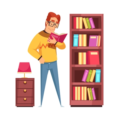 Man in glasses reading book next to bookshelf flat vector illustration