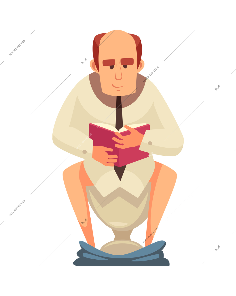 Man reading book while sitting on toilet bowl flat vector illustration