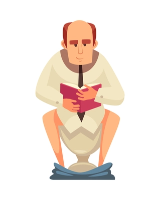 Man reading book while sitting on toilet bowl flat vector illustration