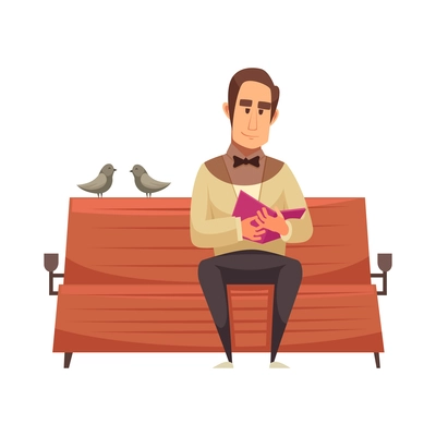 Man reading book on bench in park flat vector illustration