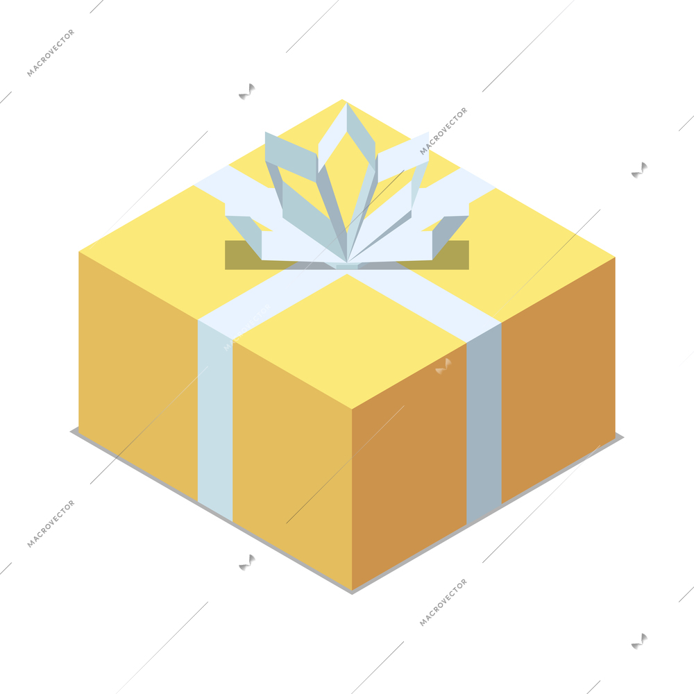 Isometric wrapped yellow gift box with ribbon bow 3d vector illustration