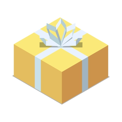 Isometric wrapped yellow gift box with ribbon bow 3d vector illustration