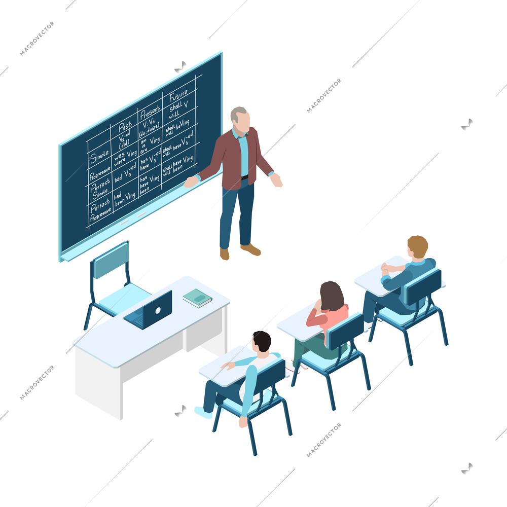 Isometric university classroom interior with teacher students desk board 3d vector illustration