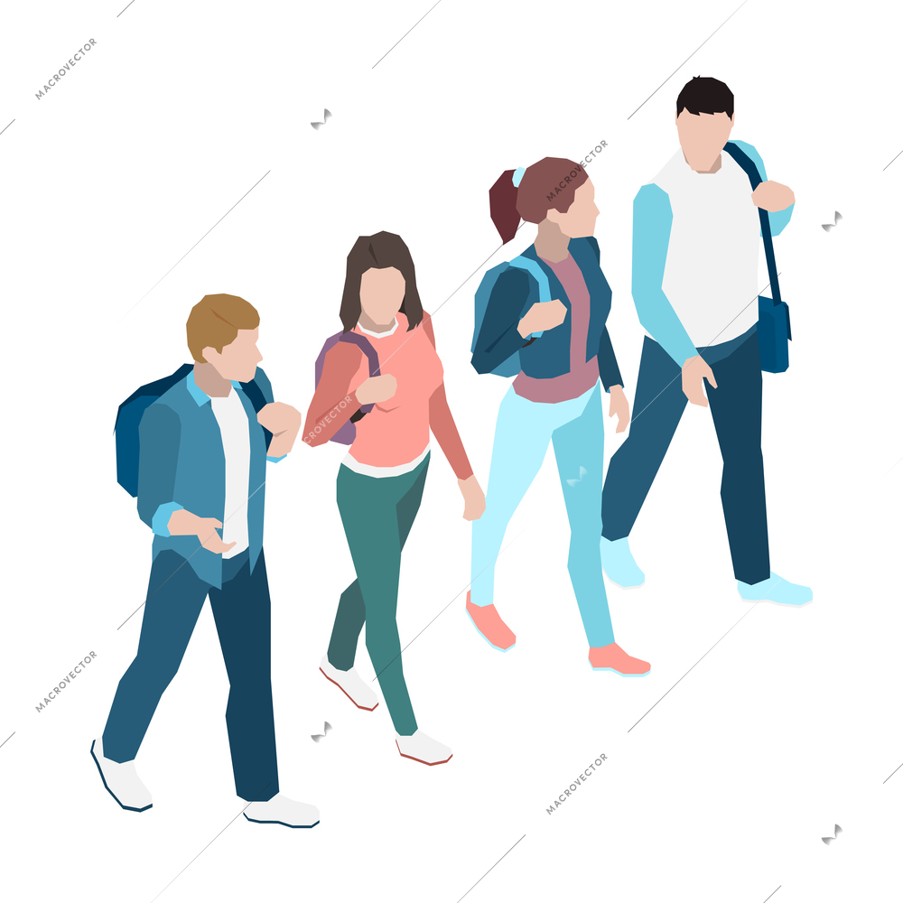 Four isometric characters of university or high school students 3d vector illustration