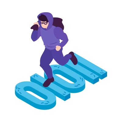 Hacker isometric concept with running man in glasses 3d vector illustration