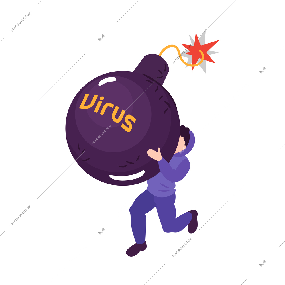 Isometric internet hacker attack concept with man carrying big virus bomb 3d vector illustration