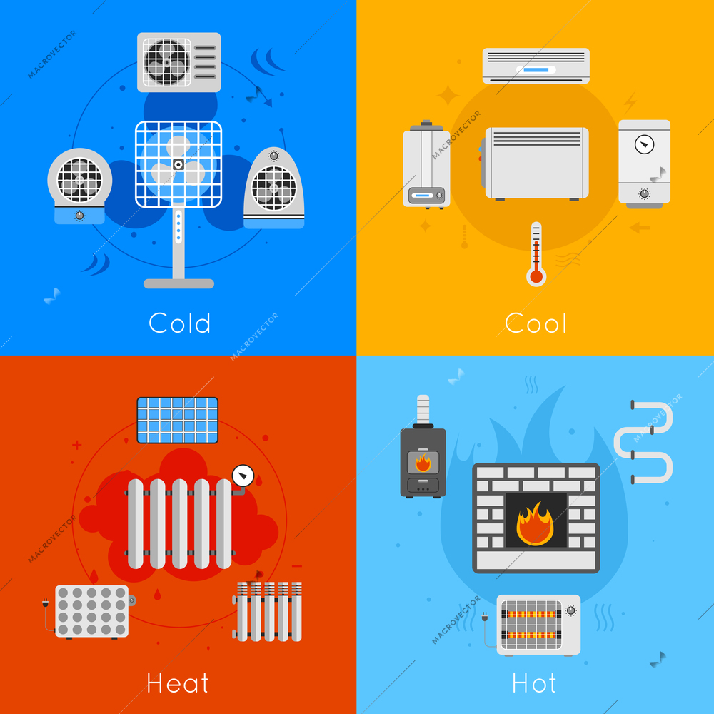 Heating and cooling flat icon set with coldly cool heat hot isolated vector illustration