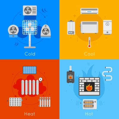 Heating and cooling flat icon set with coldly cool heat hot isolated vector illustration