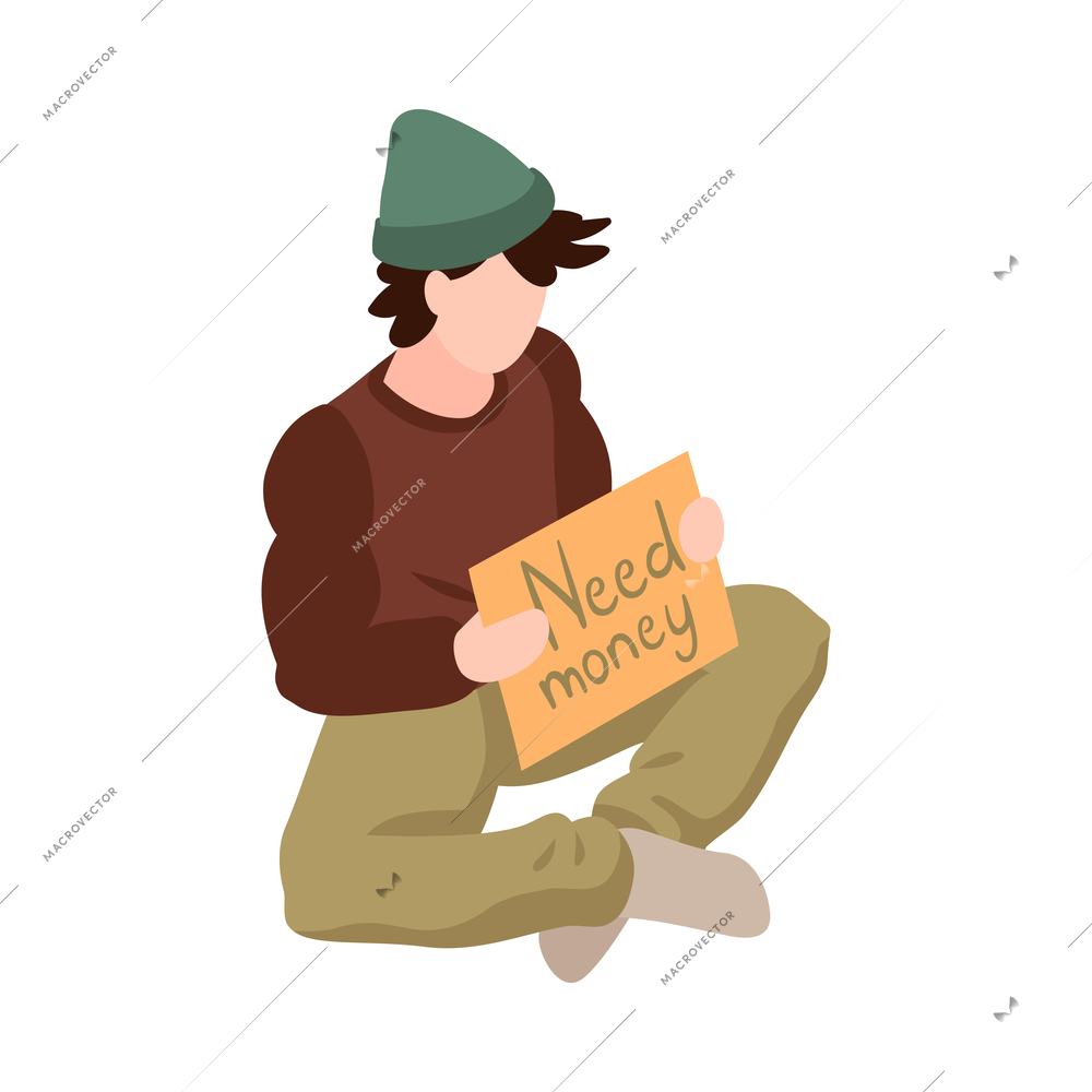 Isometric homeless man asking for money 3d vector illustration