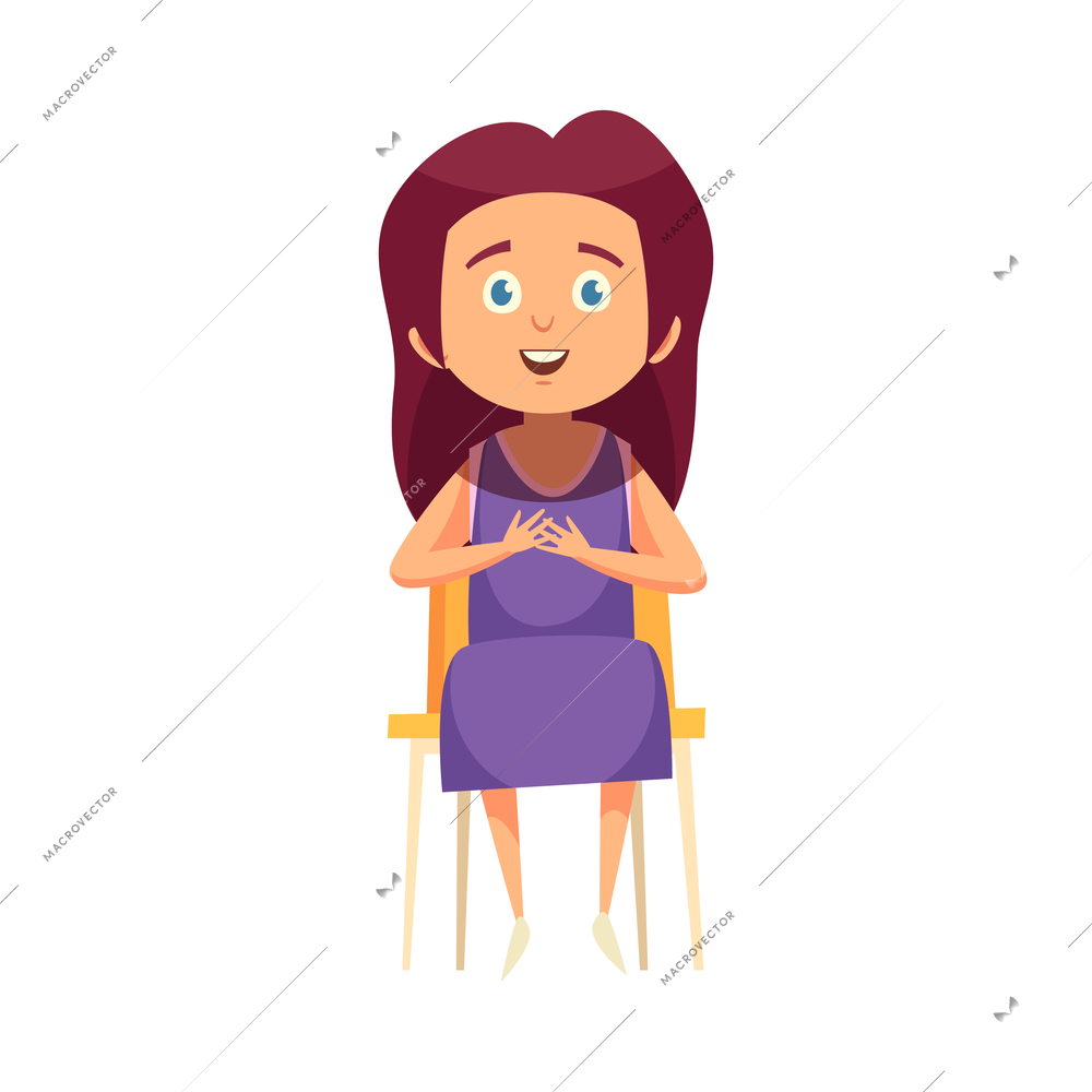 Cartoon excited school girl sitting on chair vector illustration