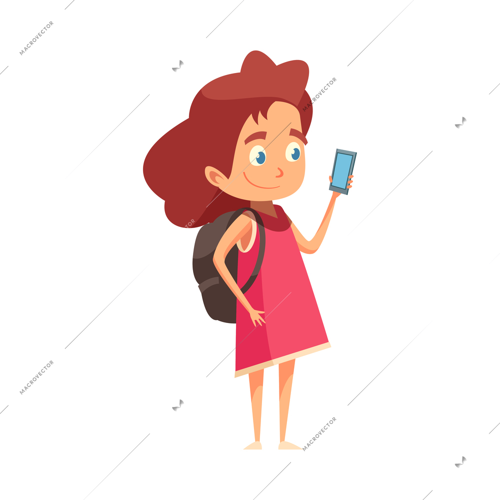 Cartoon girl with school bag and smartphone vector illustration