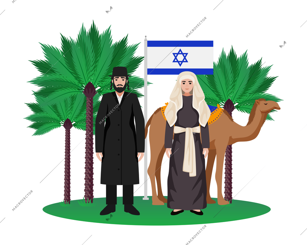 Israel travel composition with jewish people country flag camel flat vector illustration