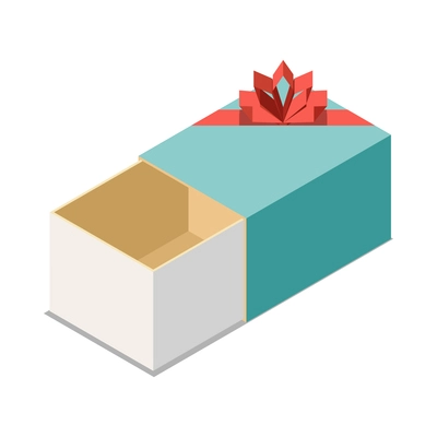 Isometric empty cardboard gift box with red ribbon bow 3d vector illustration