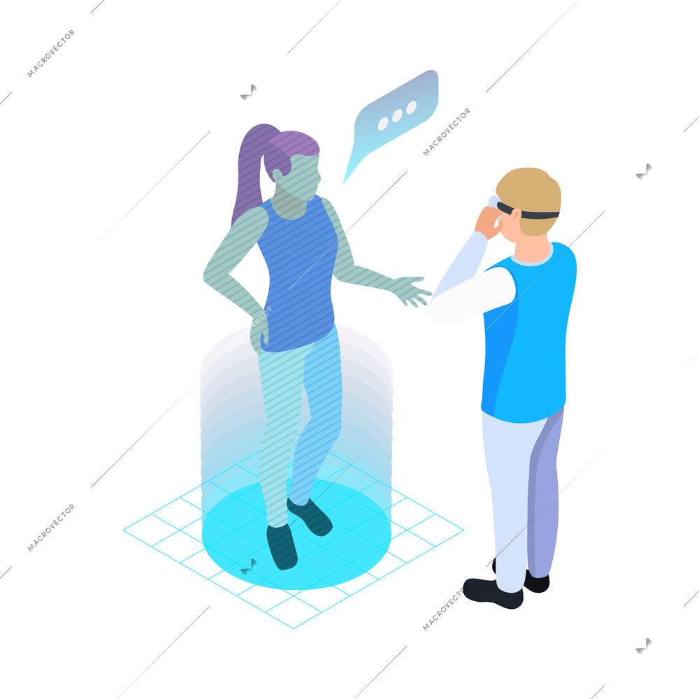 Man with vr glasses chatting with woman hologram in virtual reality 3d isometric vector illustration