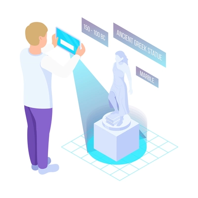 Isometric character with tablet looking at statue in virtual reality museum 3d vector illustration