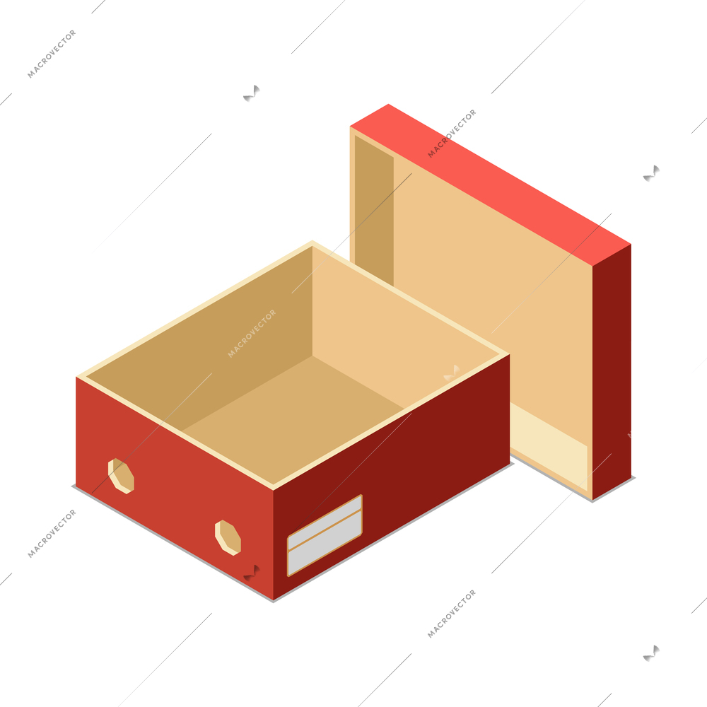 Isometric open red cardboard box with cover 3d vector illustration