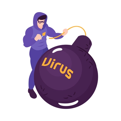 Hacker going to explode virus bomb isometric icon 3d vector illustration