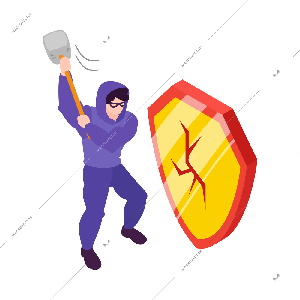 Isometric cyber crime concept with hacker trying to break shield with hammer 3d vector illustration