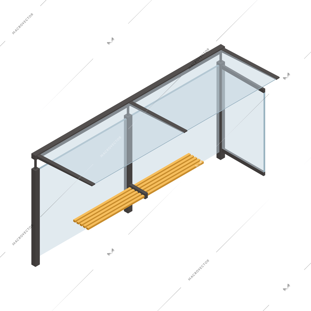 Isometric modern glass bus stop with wooden bench 3d vector illustration