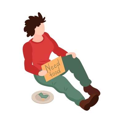 Homeless man asking for money sitting in street 3d isometric vector illustration